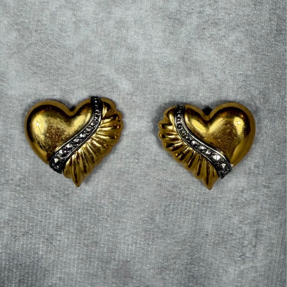 Vtg 80s 90s Chunky Puffy Heart Pierced Stud Earrings Two Tone Retro Whimsy Boho
